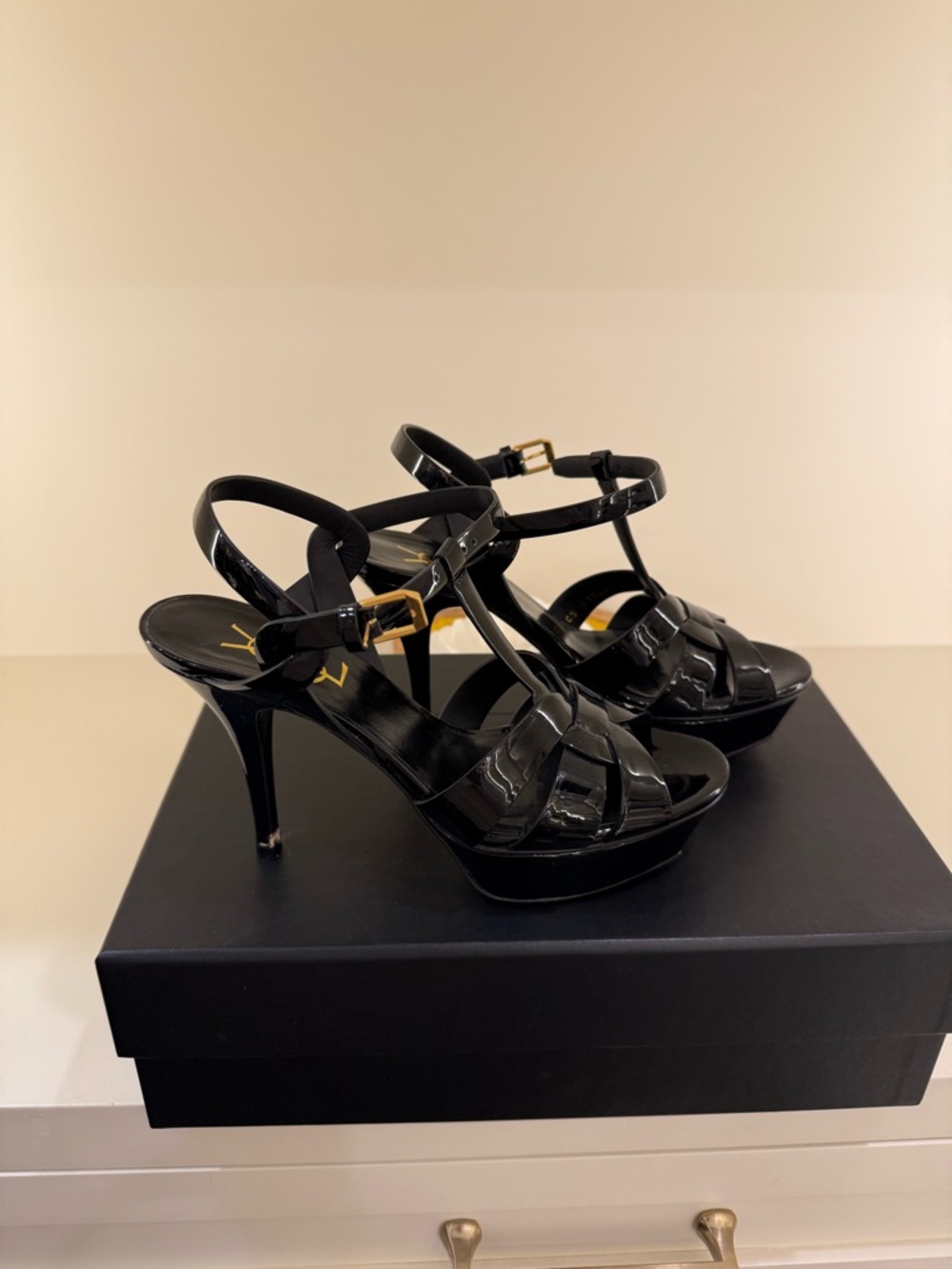 Saint Laurent Black Patent Leather Strappy Platform Heels - Picture 2 of 10
